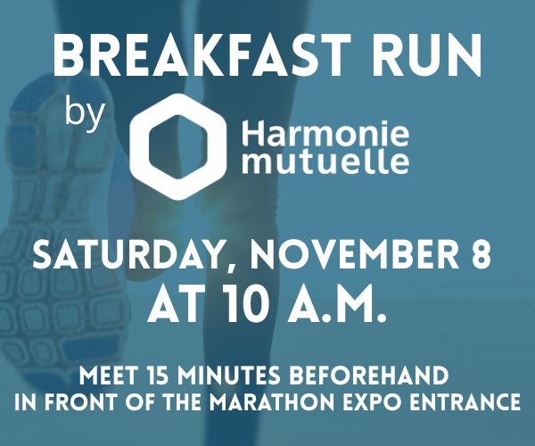 Breakfast run by logo Harmonie Mutuelle - Saturday, november 8 at 10 a.m. - Meet 15 mn beforhans in front of the Marathon Expo entrance